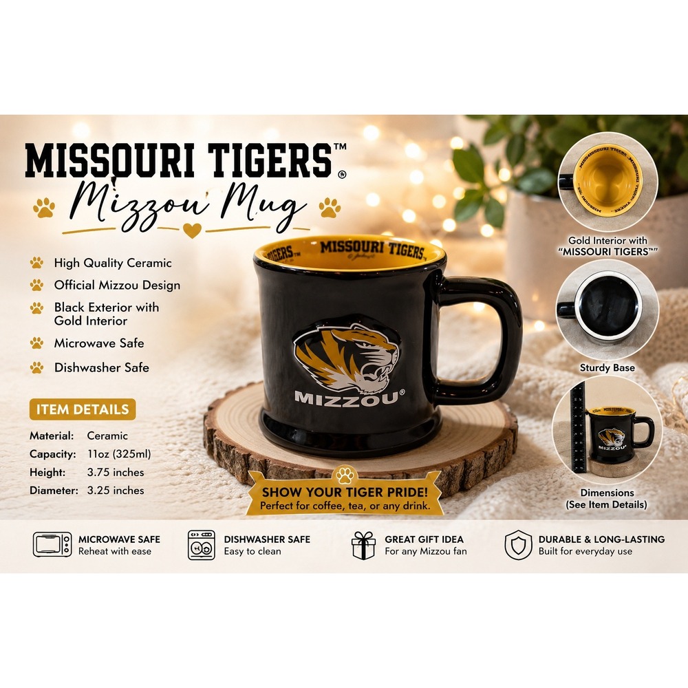 Missouri Tigers Mizzou Coffee Mug Black Yellow Ceramic NCAA College Sports 4 in